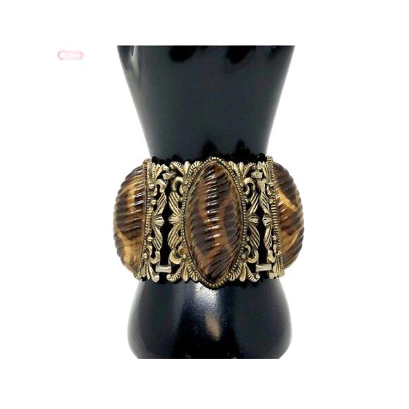 Vintage Gold Filigree and Tortoise Shell Lucite Link Bracelet, Selro Selini - Picture 1 of 10